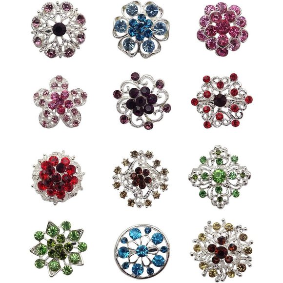 Womens 12 Pcs Silver Gold Plated Crystal Brooches Flower - Picture 1 of 5